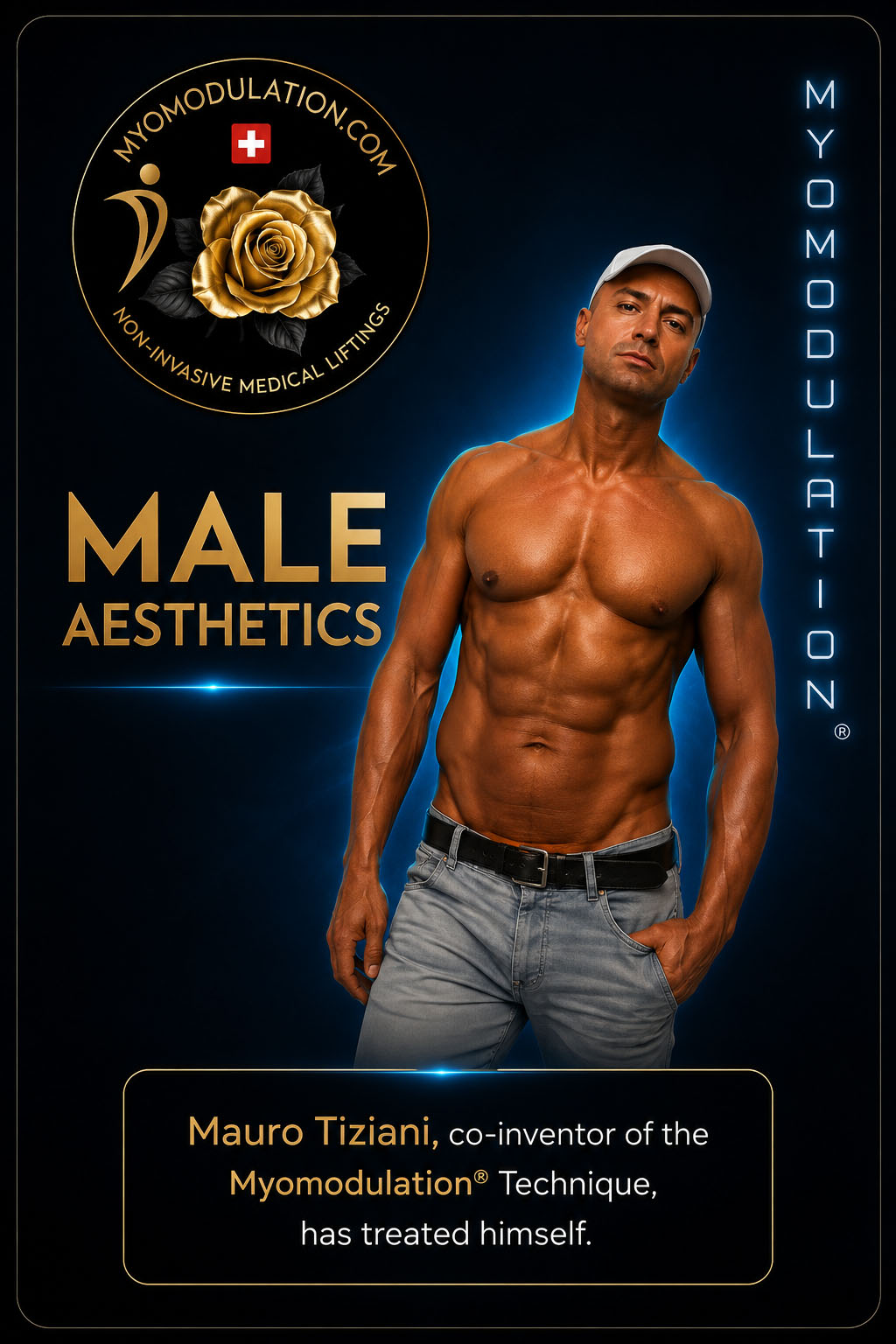 Mauro Tiziani, co-inventor of the Myomodulation® Technique, self-treated for male facial and body sculpting