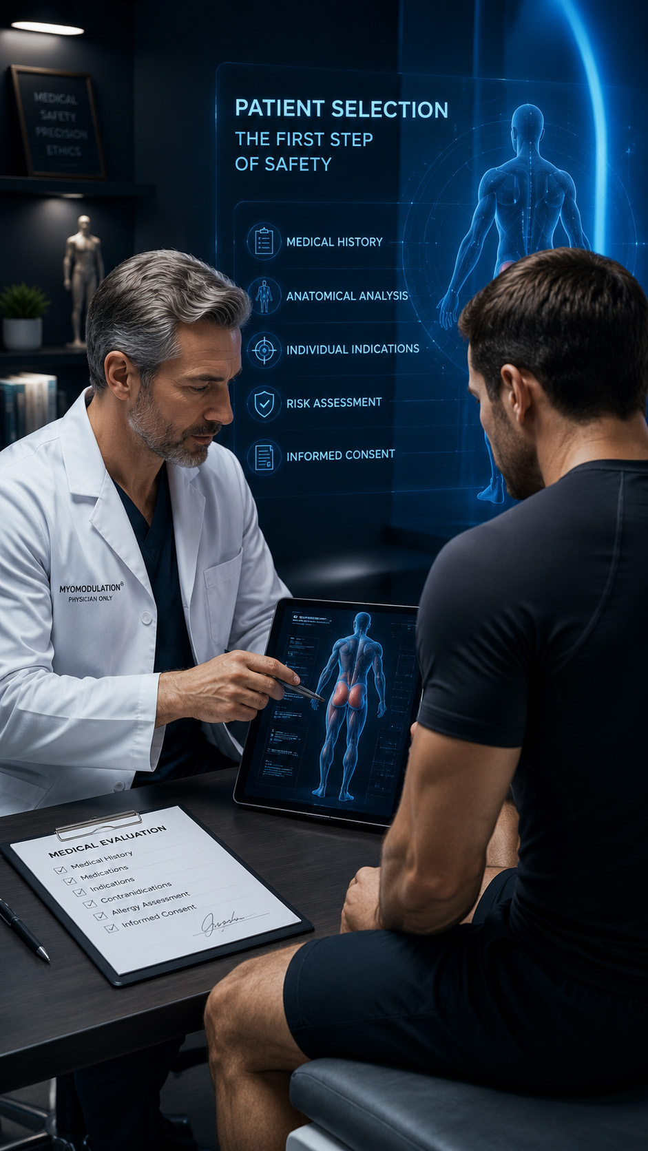 Medical safety and patient selection before Myomodulation® treatment